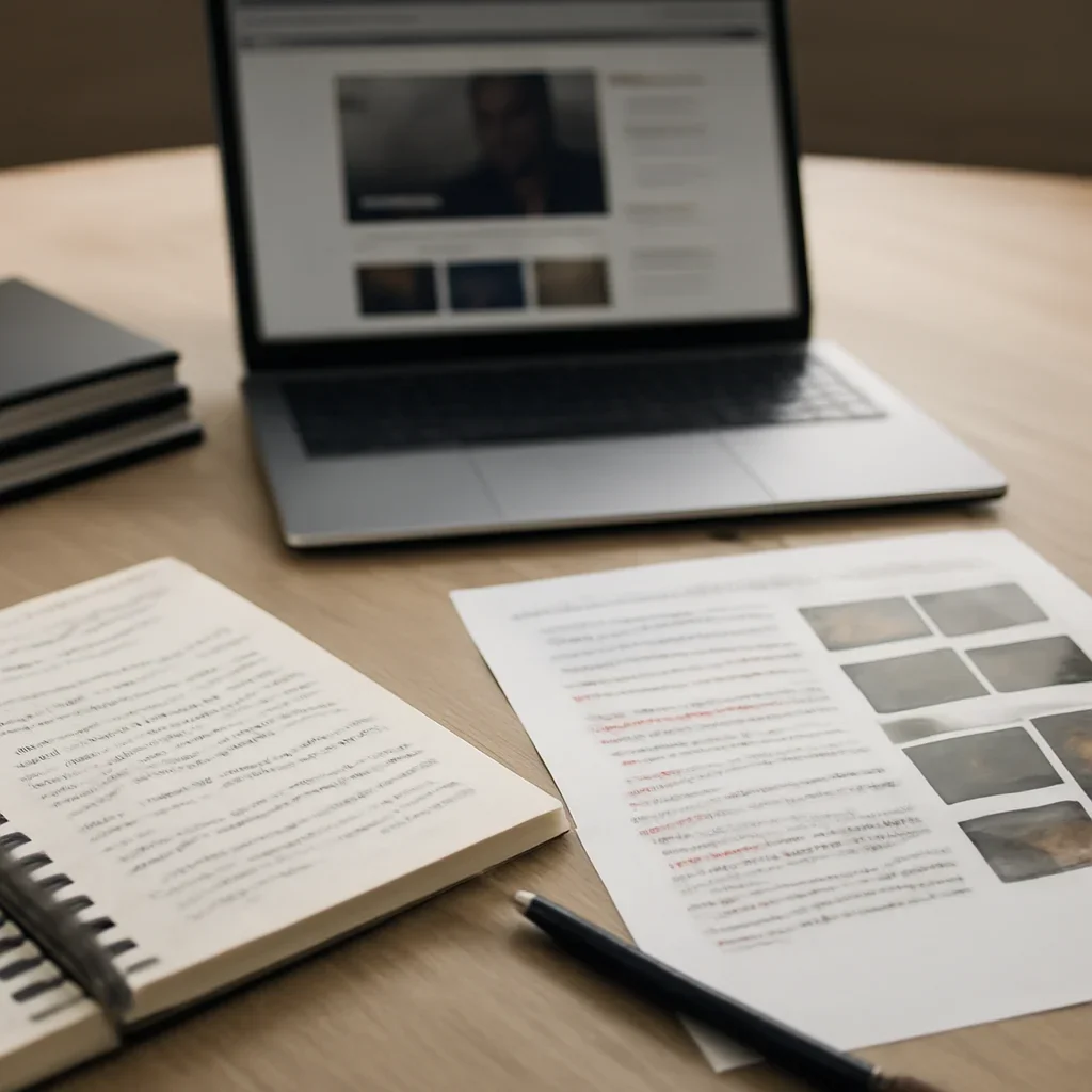 Reporter desk with notebooks, marked-up copy, and reference material for video feature page