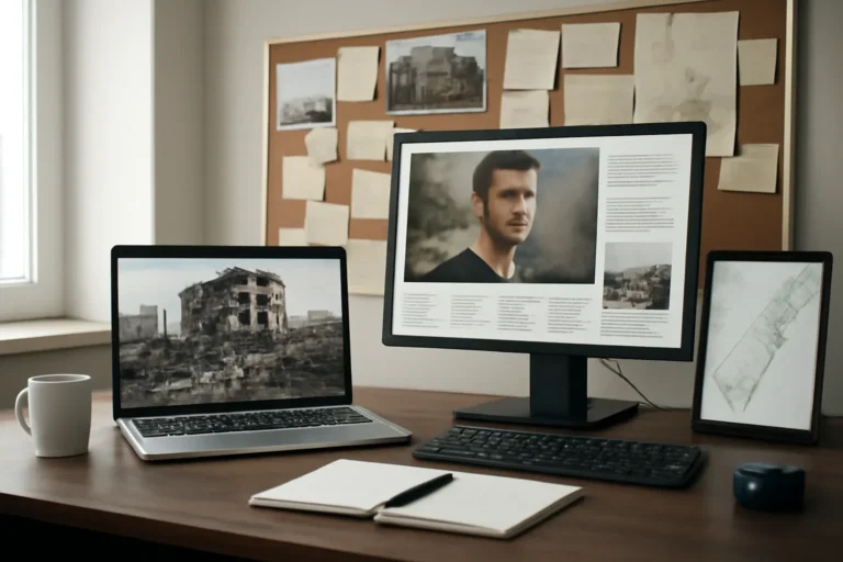 Editorial workspace focused on gaza coverage hub with screens, notes, and a clean digital layout
