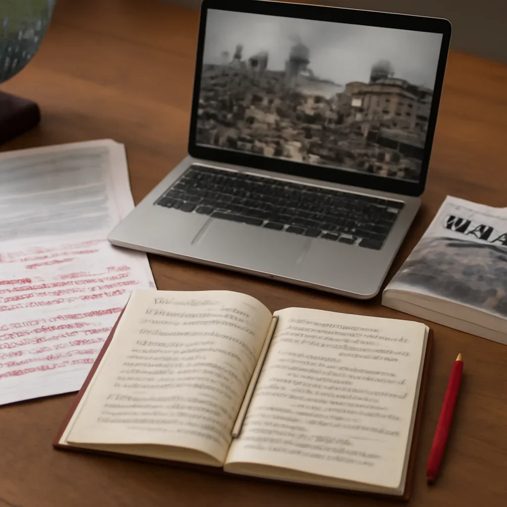 Reporter desk with notebooks, marked-up copy, and reference material for gaza coverage hub
