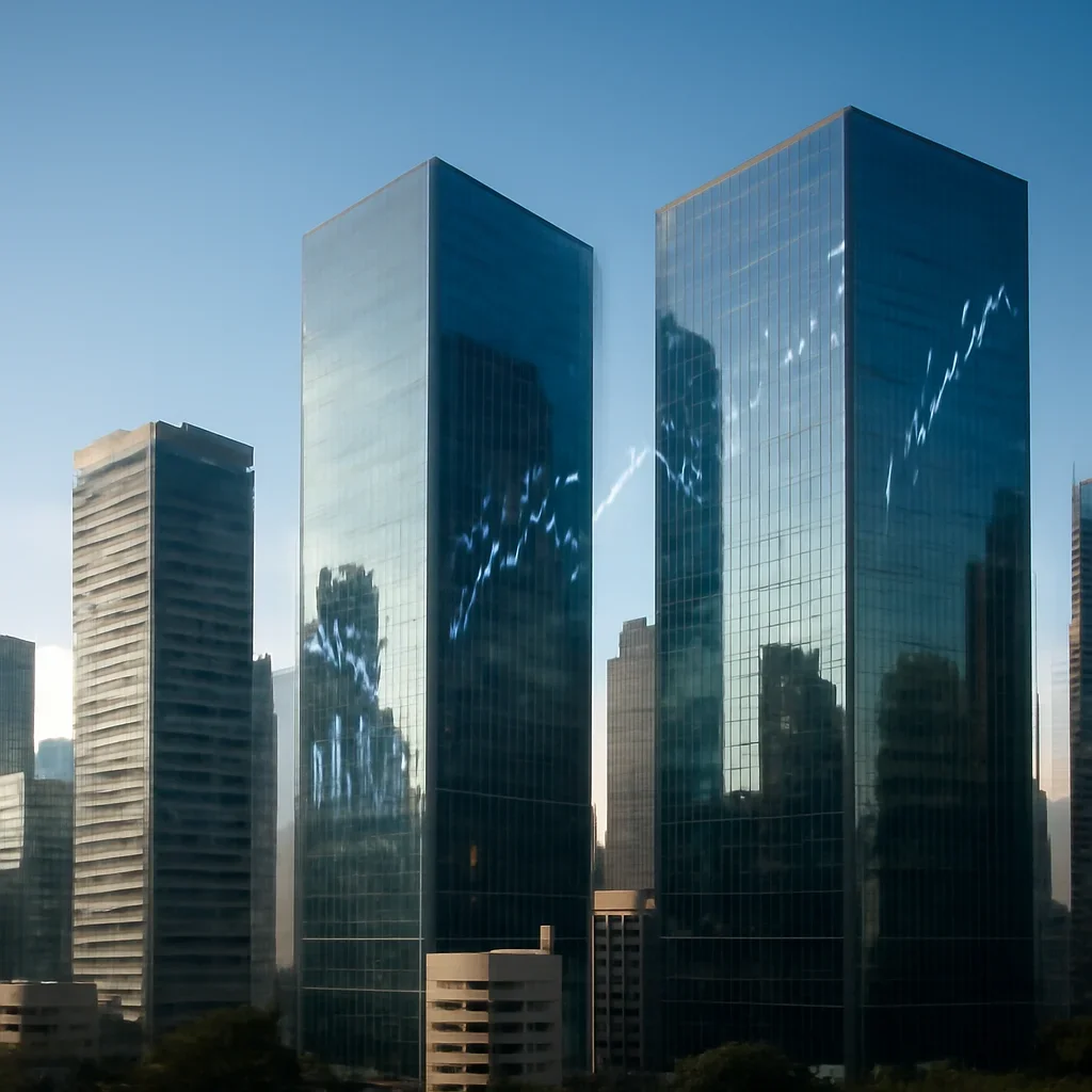 Business district skyline with financial charts reflected across glass towers