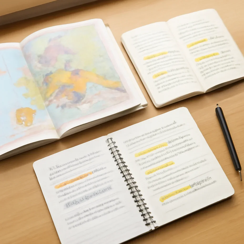 Desk with annotated maps, notebook pages, and highlighted terms for explainer coverage