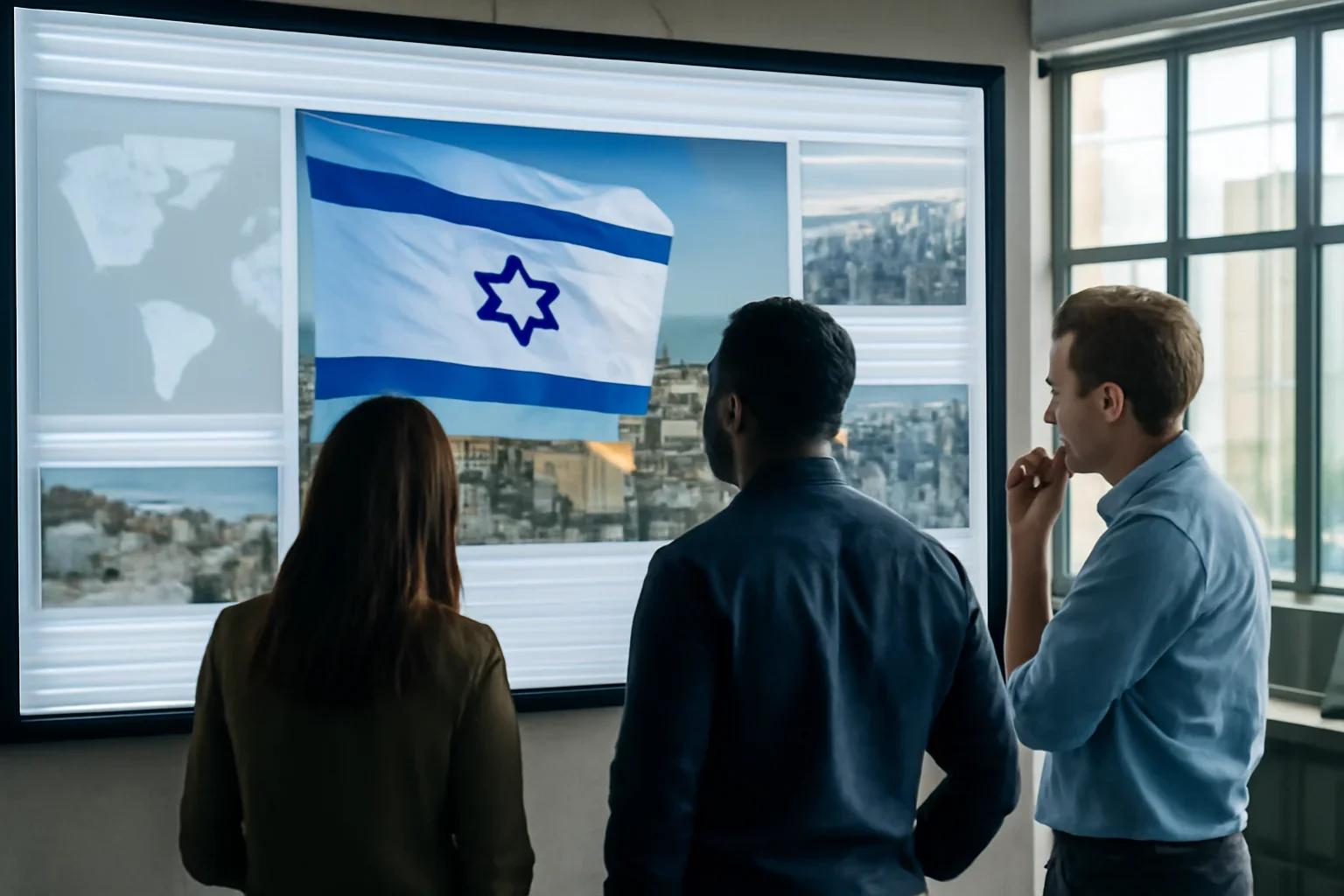 Editors reviewing the day’s lead Israel story on a large digital newsroom screen
