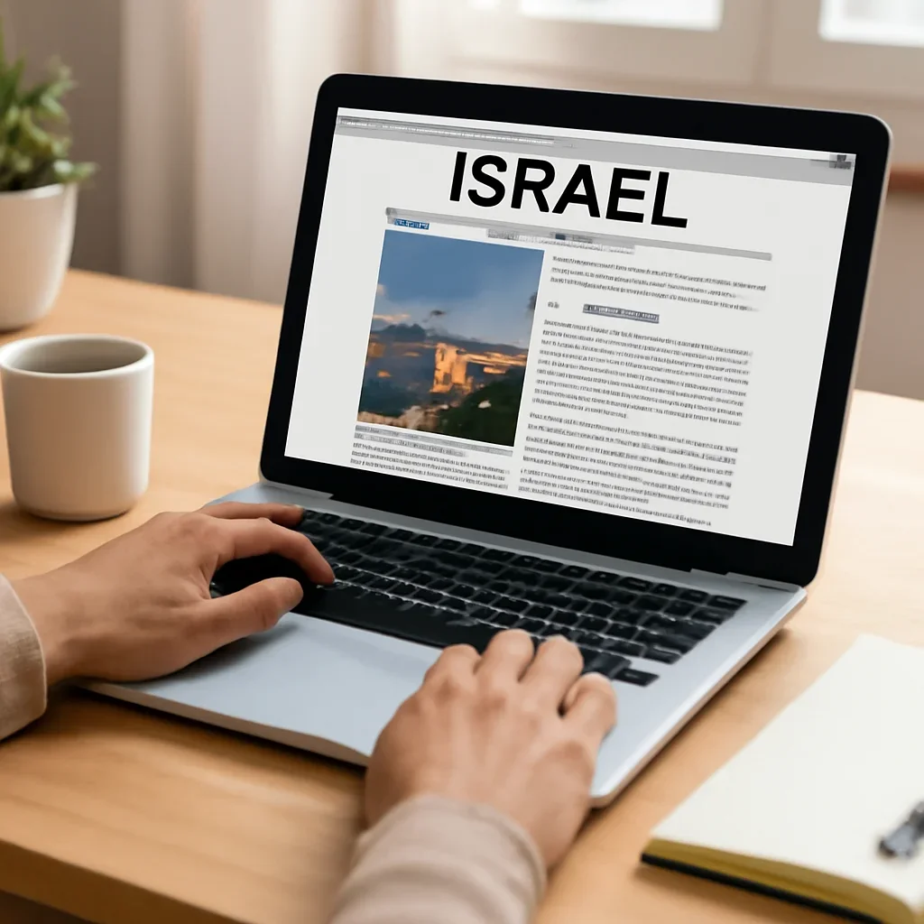 Reader checking a curated Israel news email briefing on a laptop at a morning desk