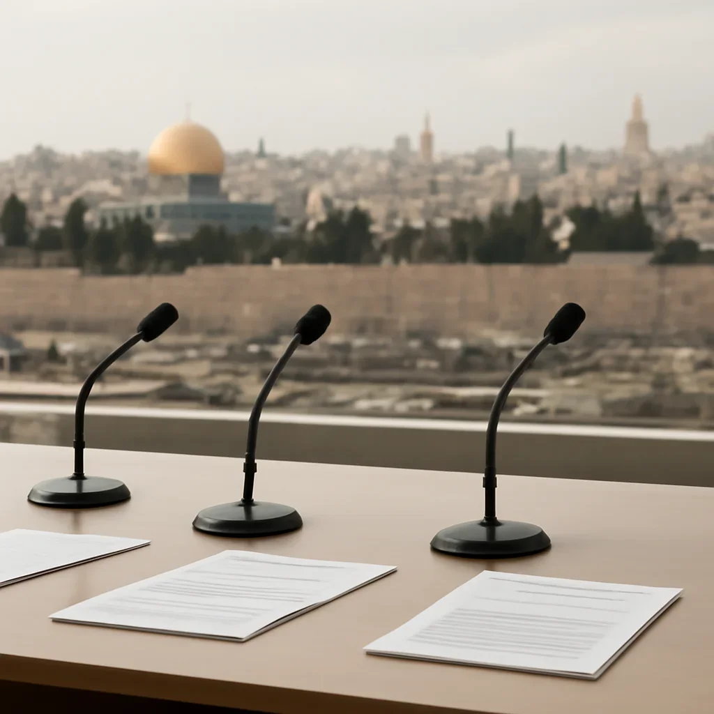 Policy briefing table with microphones, marked documents, and Jerusalem skyline details