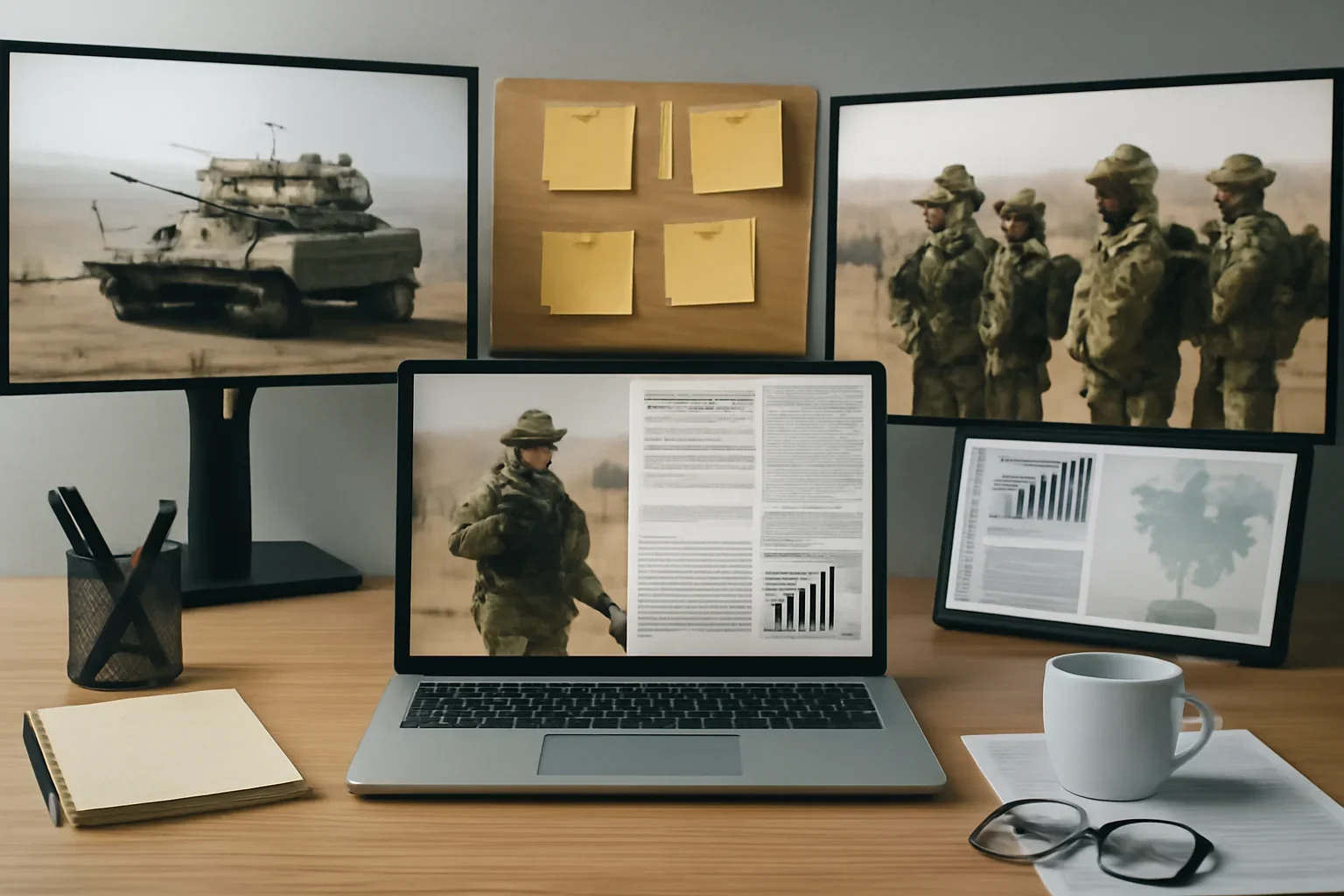 Editorial workspace focused on idf and military updates with screens, notes, and a clean digital layout