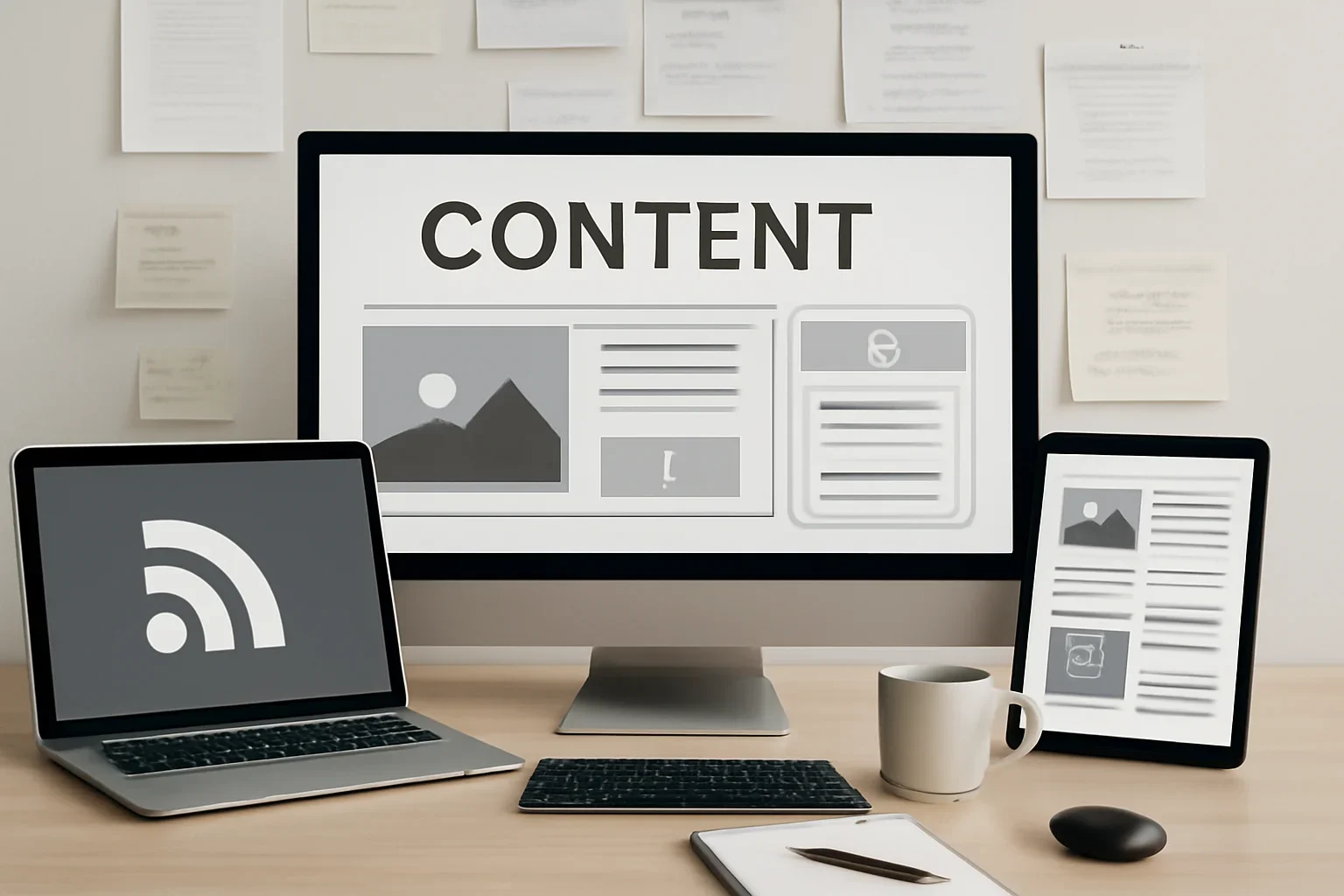 Editorial workspace focused on content api and feeds with screens, notes, and a clean digital layout
