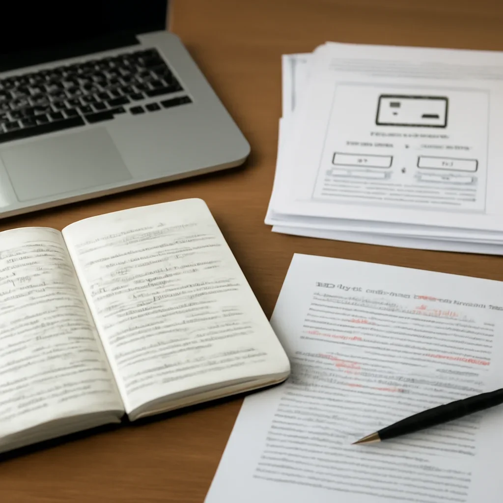 Reporter desk with notebooks, marked-up copy, and reference material for content api and feeds