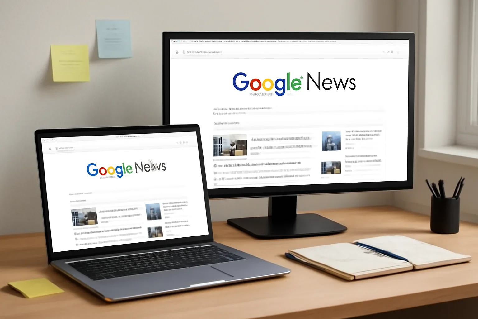 Editorial workspace focused on google news presence with screens, notes, and a clean digital layout