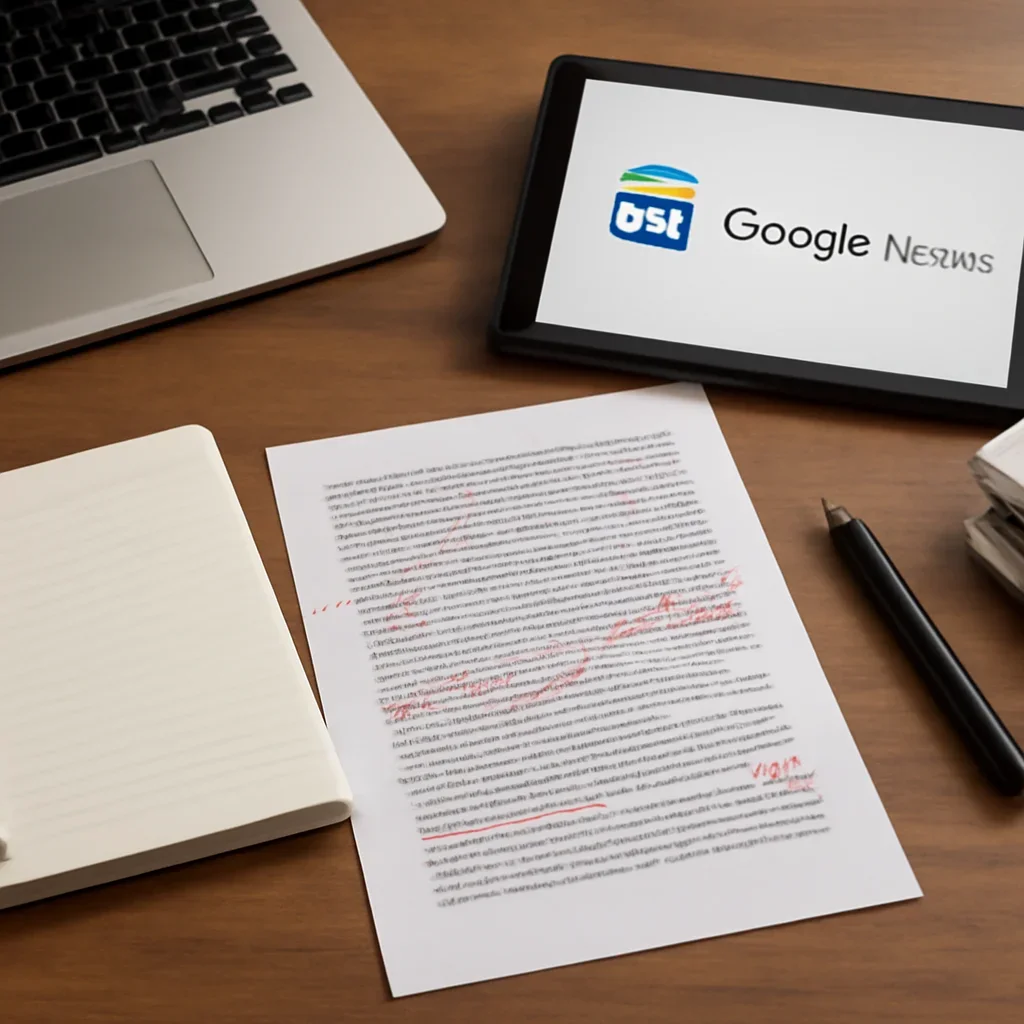 Reporter desk with notebooks, marked-up copy, and reference material for google news presence