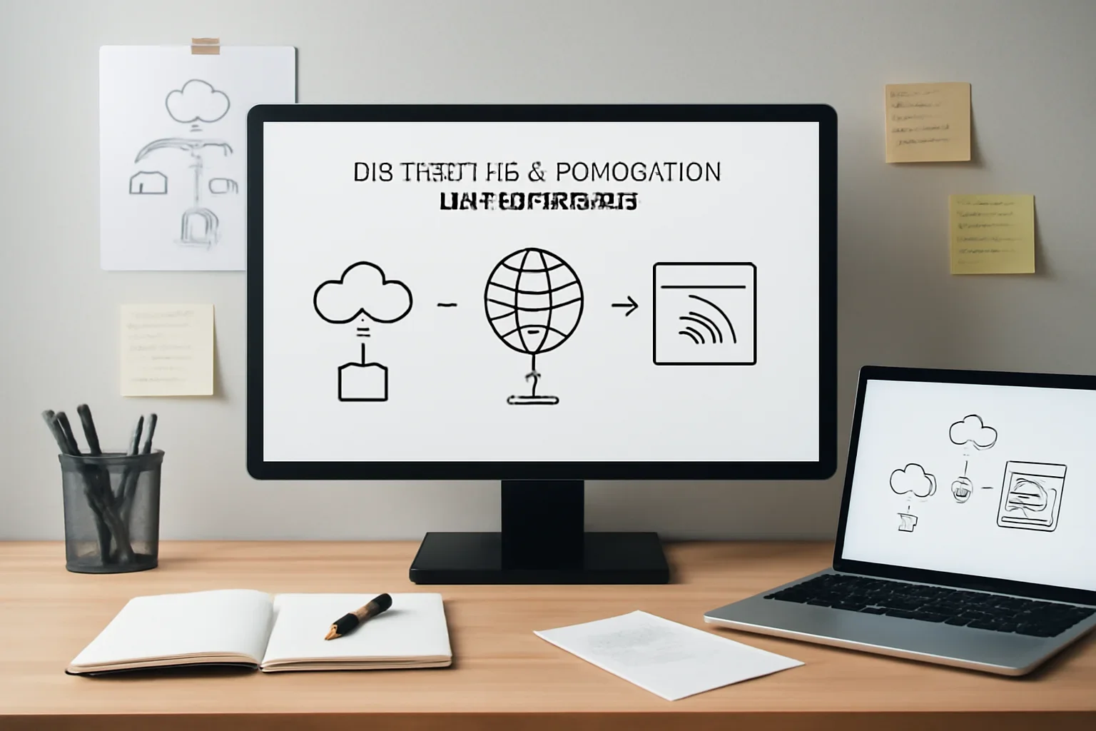 Editorial workspace focused on distribution and syndication integrations with screens, notes, and a clean digital layout