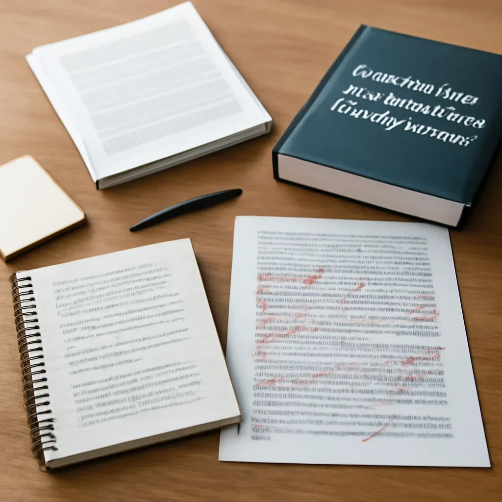Reporter desk with notebooks, marked-up copy, and reference material for distribution and syndication integrations