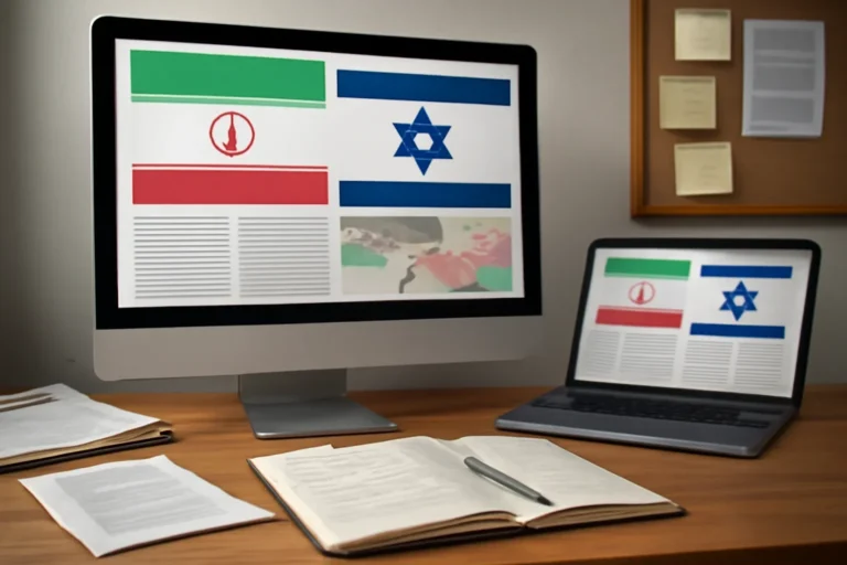 Editorial workspace focused on iran and israel coverage hub with screens, notes, and a clean digital layout