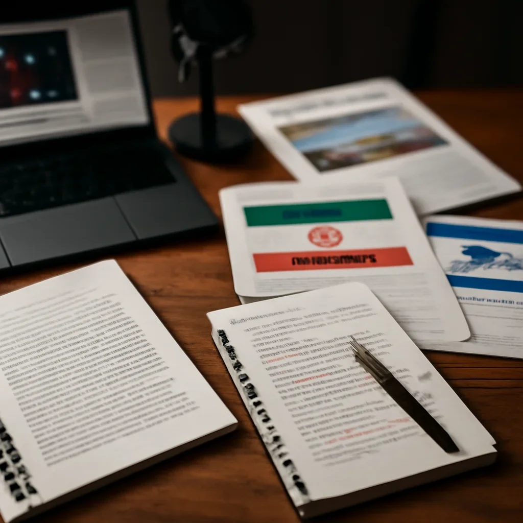 Reporter desk with notebooks, marked-up copy, and reference material for iran and israel coverage hub