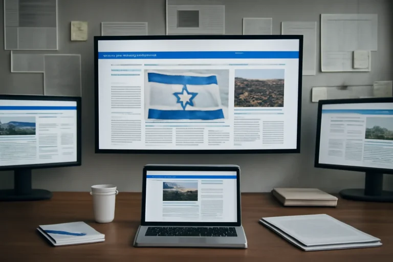 Editorial workspace focused on national news hub with screens, notes, and a clean digital layout