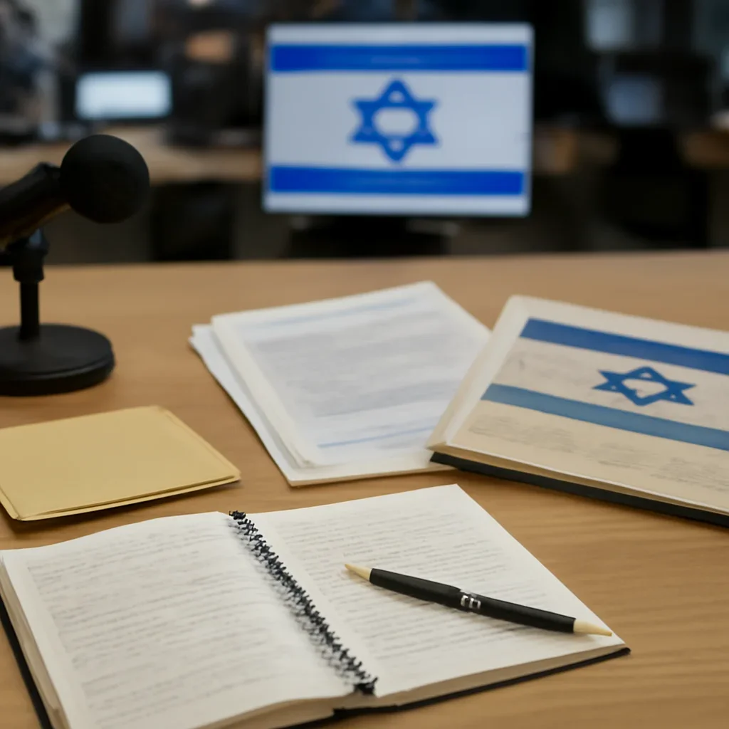 Reporter desk with notebooks, marked-up copy, and reference material for national news hub