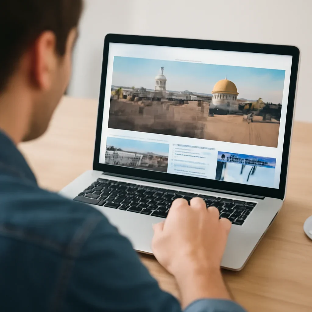Reader continuing from jerusalem into related Israel coverage on a laptop