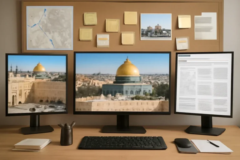 Editorial workspace focused on jerusalem coverage hub with screens, notes, and a clean digital layout