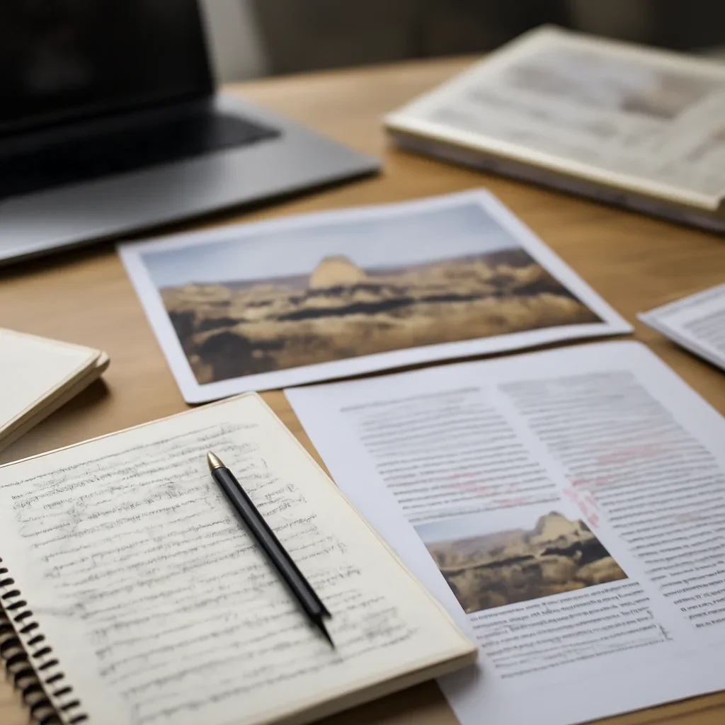 Reporter desk with notebooks, marked-up copy, and reference material for jerusalem coverage hub