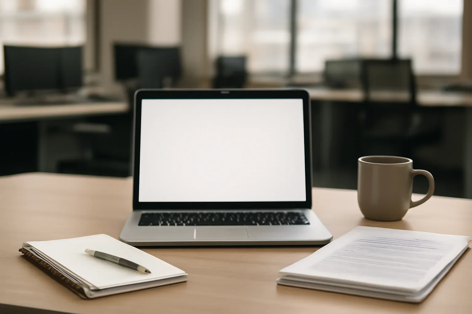 Newsroom operations desk prepared for latest stories archive with laptop, notes, and a clean reading interface