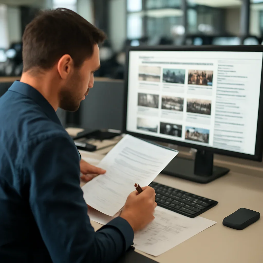 Team member reviewing requests, follow-up notes, and page details related to latest stories archive