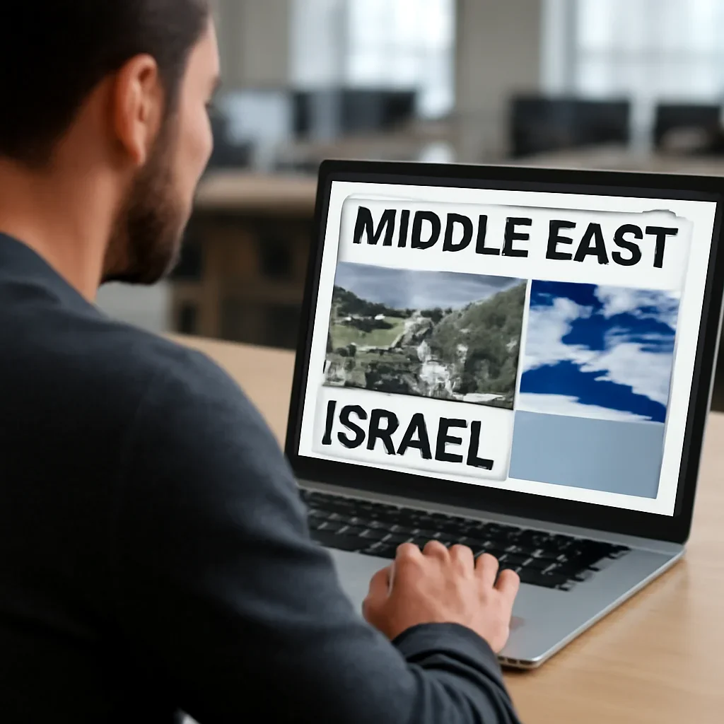 Reader continuing from middle east into related Israel coverage on a laptop