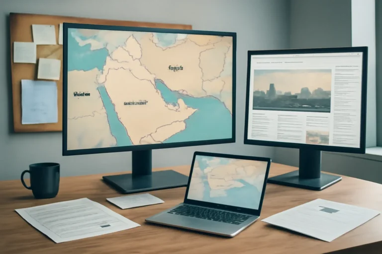 Editorial workspace focused on regional coverage hub with screens, notes, and a clean digital layout