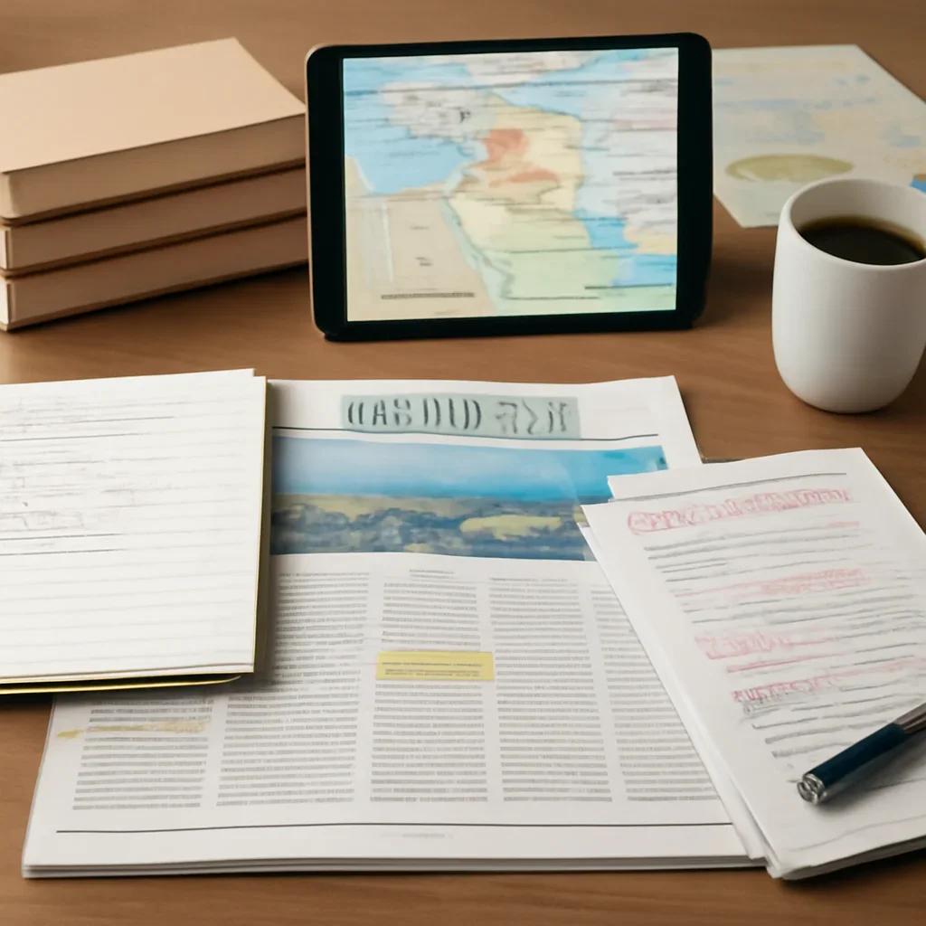 Reporter desk with notebooks, marked-up copy, and reference material for regional coverage hub