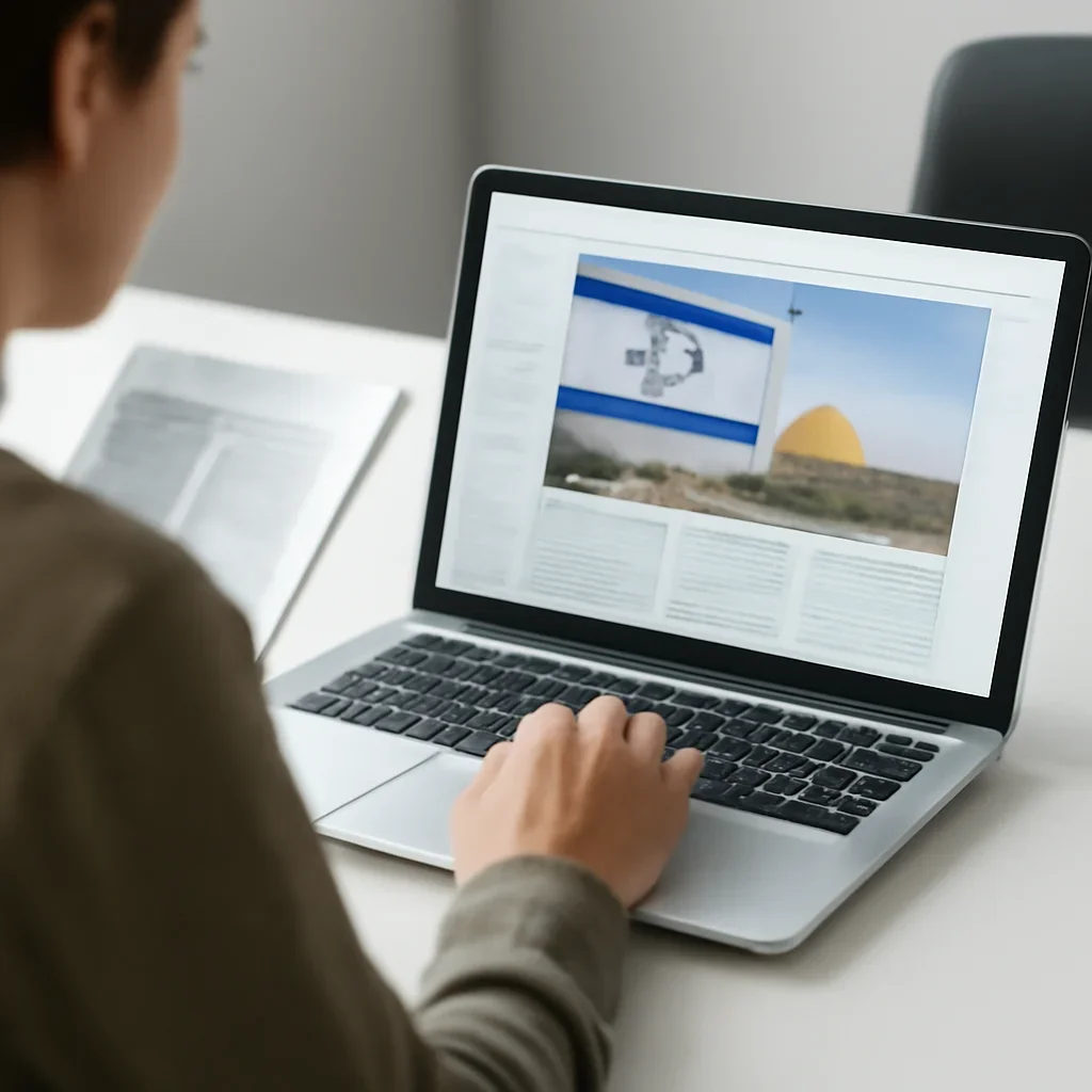 Reader continuing from newsletter into related Israel coverage on a laptop