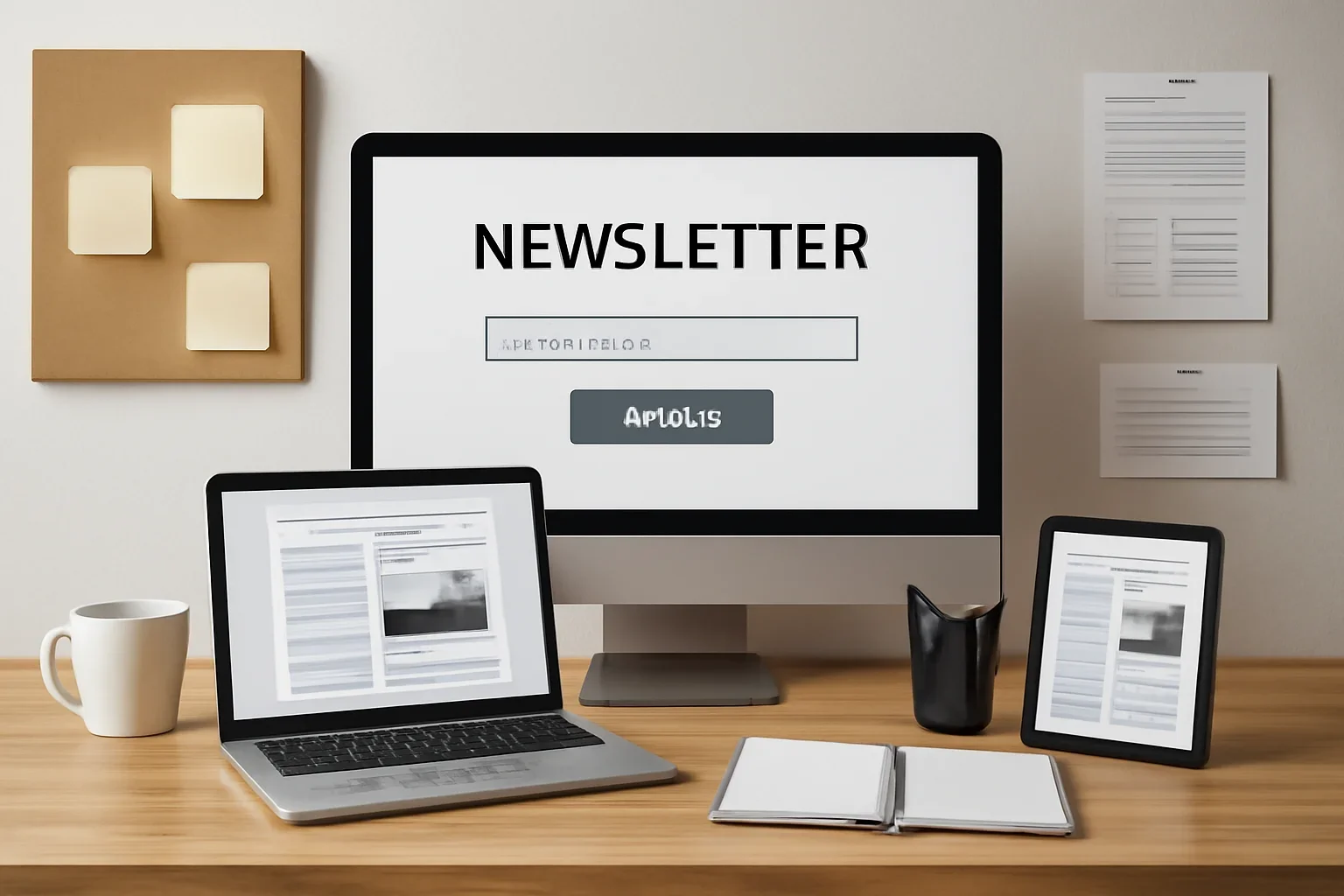 Editorial workspace focused on newsletter signup hub with screens, notes, and a clean digital layout