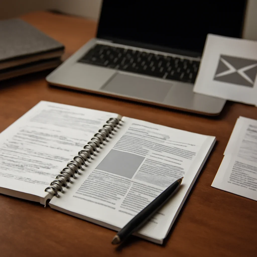Reporter desk with notebooks, marked-up copy, and reference material for newsletter signup hub