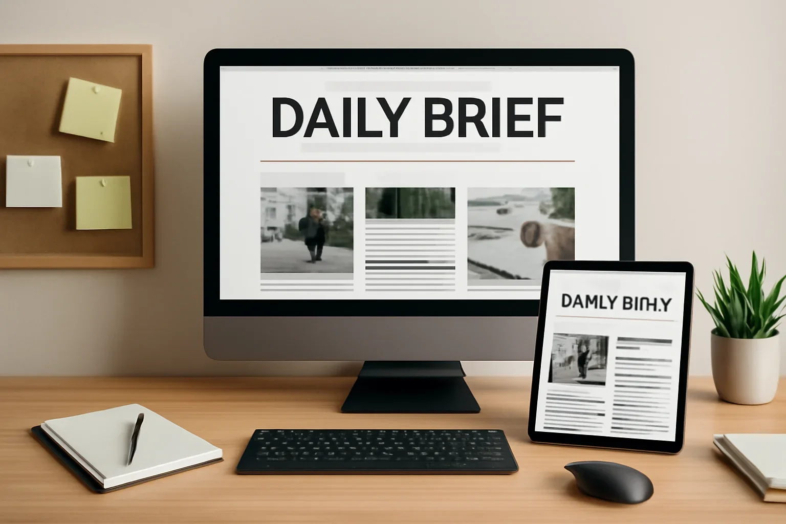 Editorial workspace focused on daily brief newsletter landing page with screens, notes, and a clean digital layout