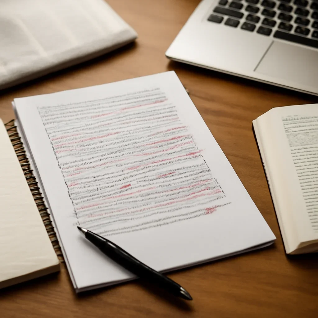 Reporter desk with notebooks, marked-up copy, and reference material for daily brief newsletter landing page