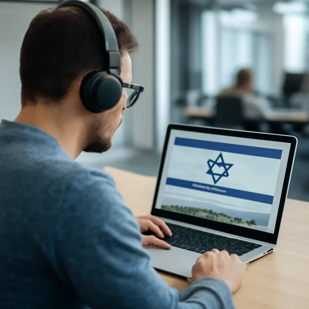 Reader continuing from podcasts into related Israel coverage on a laptop
