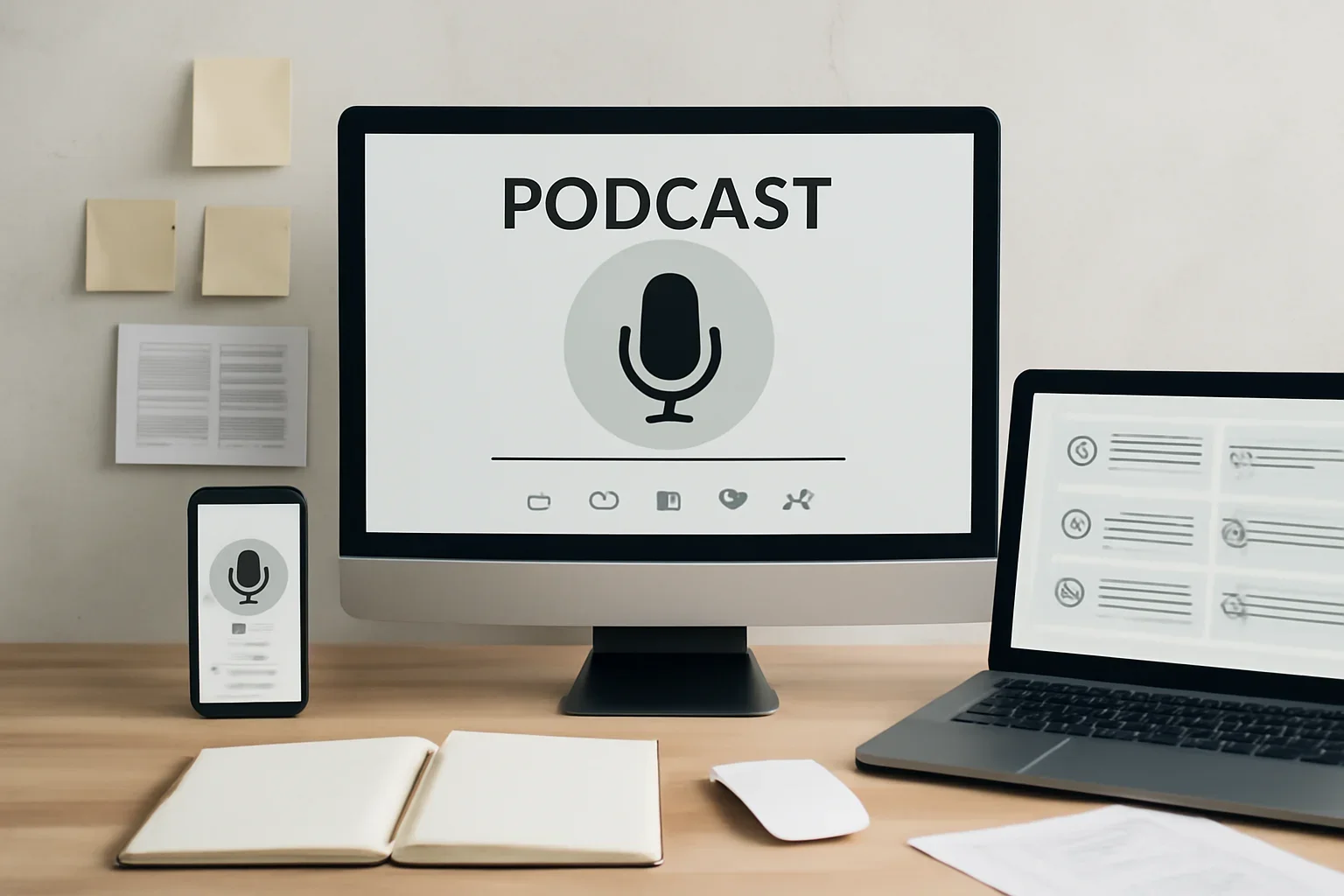 Editorial workspace focused on podcast hub with screens, notes, and a clean digital layout