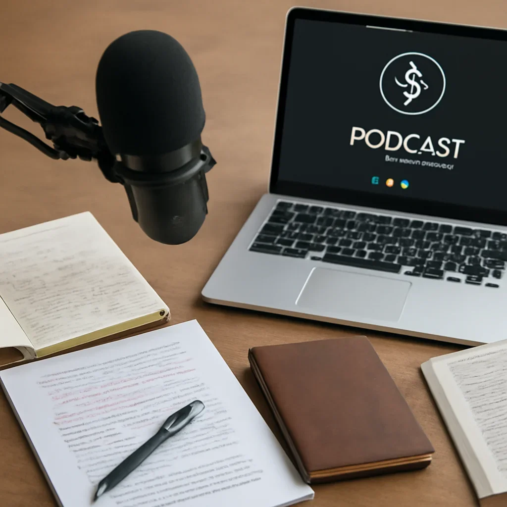 Reporter desk with notebooks, marked-up copy, and reference material for podcast hub