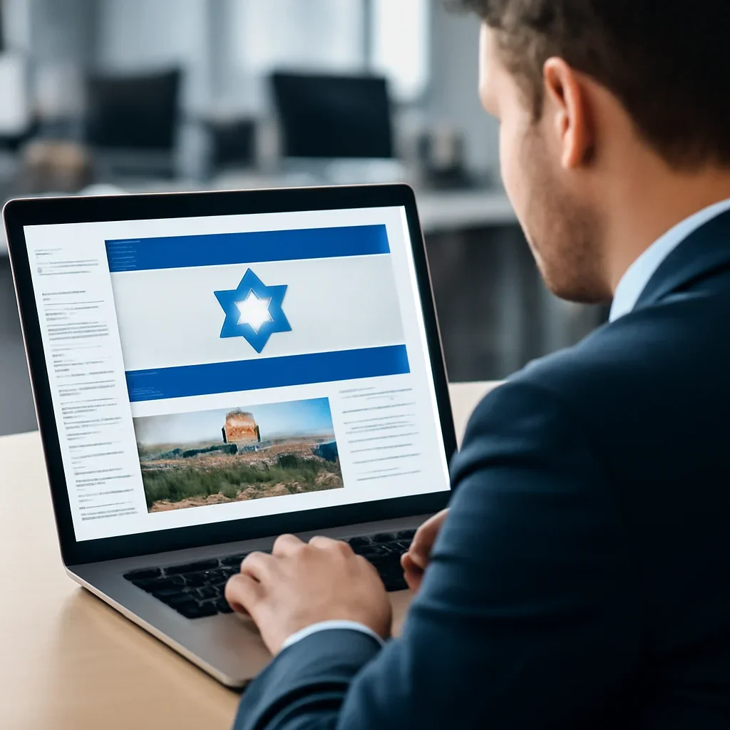 Reader continuing from politics into related Israel coverage on a laptop
