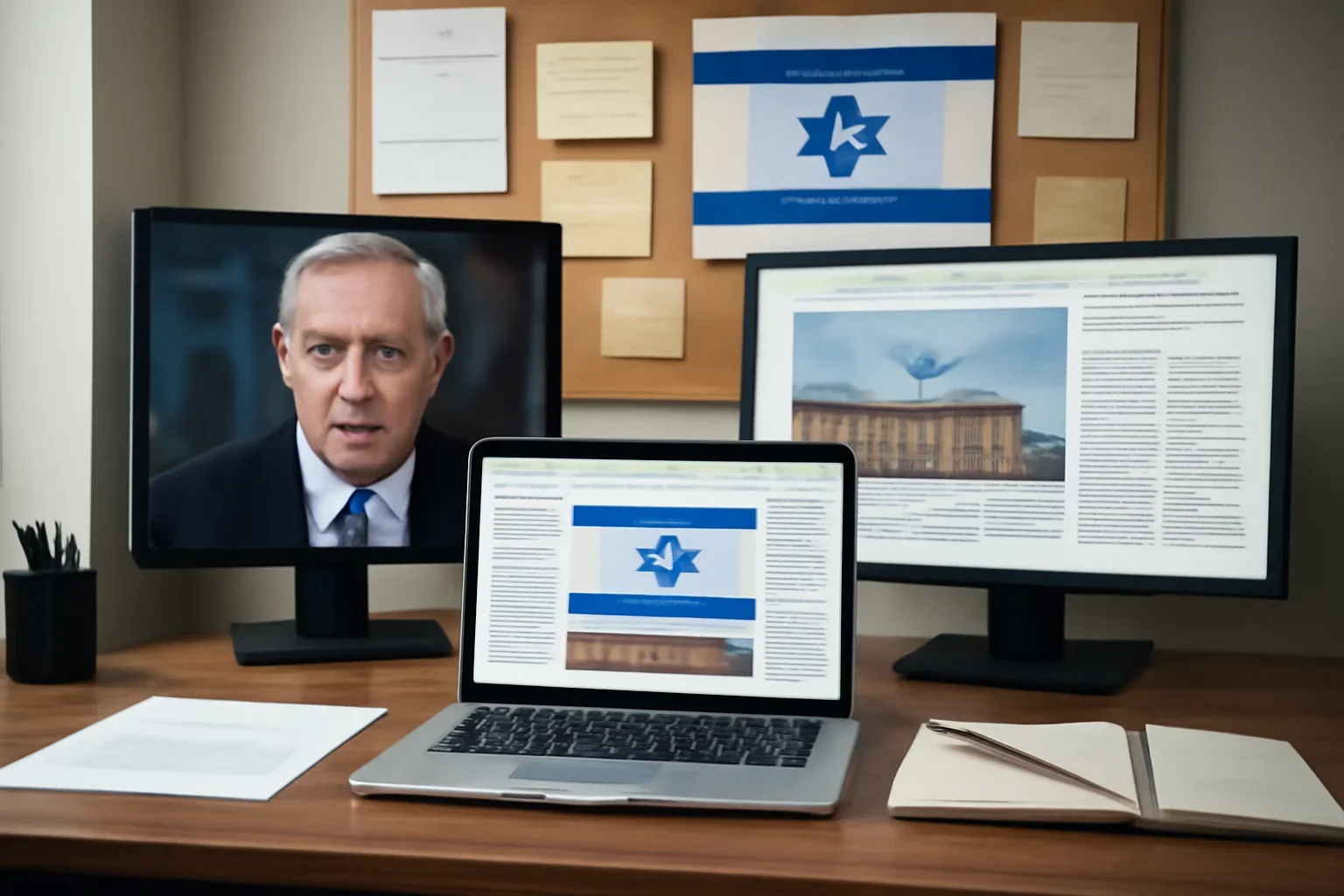 Editorial workspace focused on israeli politics hub with screens, notes, and a clean digital layout