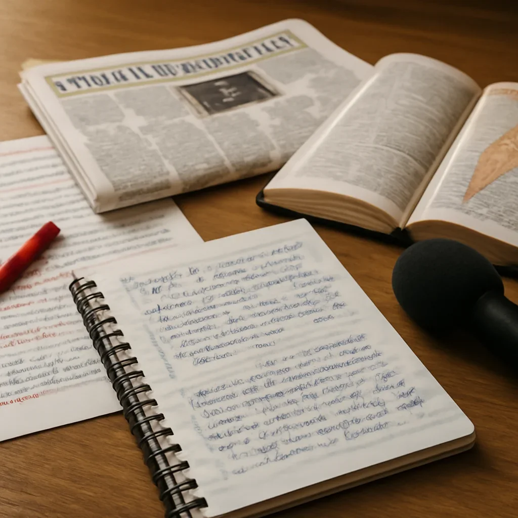 Reporter desk with notebooks, marked-up copy, and reference material for israeli politics hub