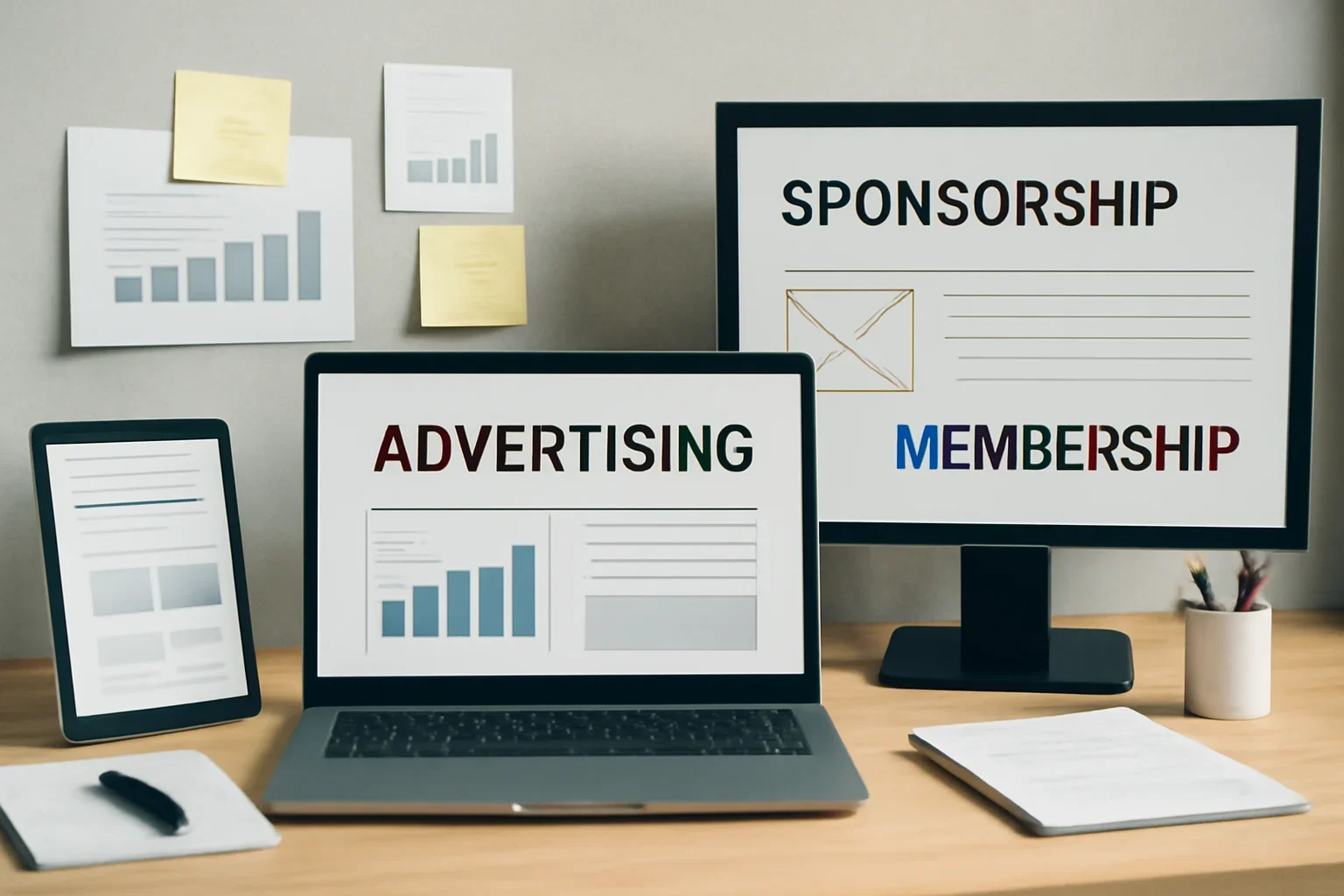Editorial workspace focused on advertising, sponsorship, and membership pricing with screens, notes, and a clean digital layout