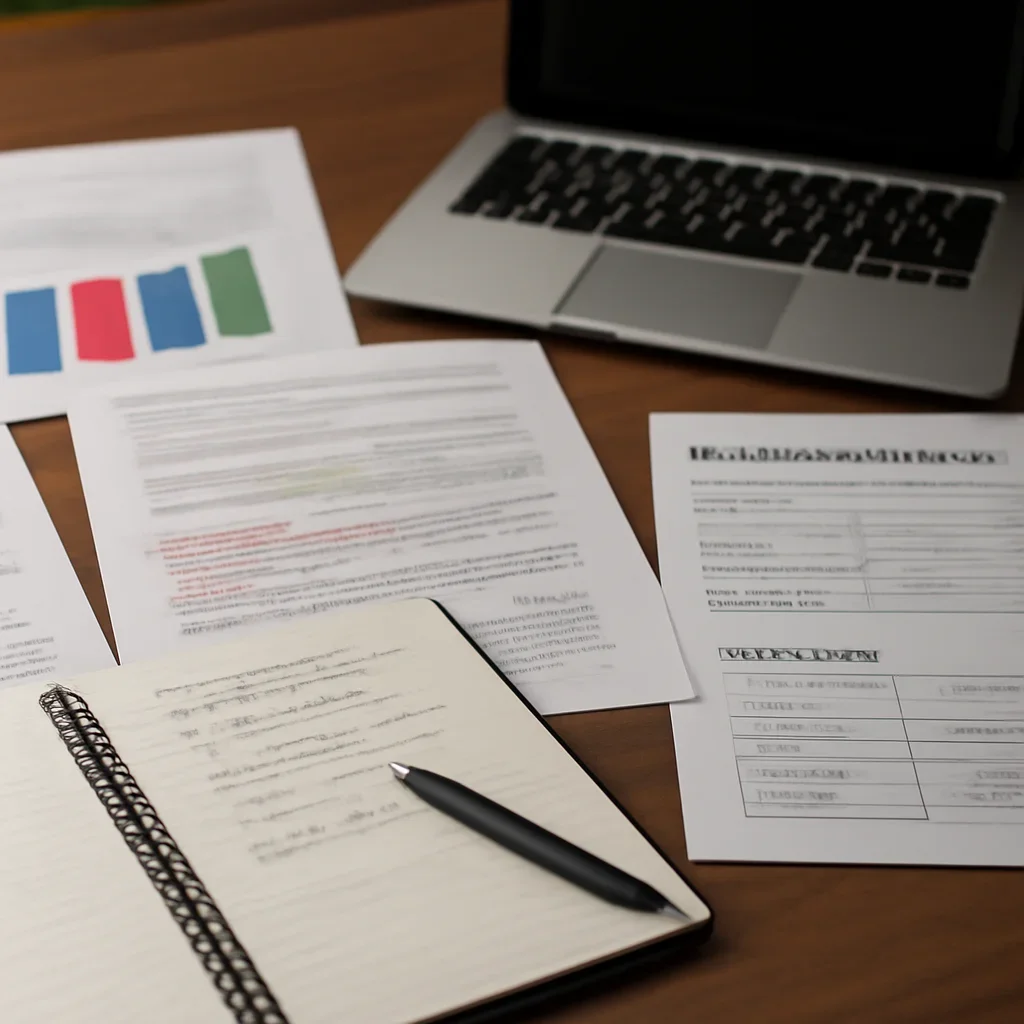 Reporter desk with notebooks, marked-up copy, and reference material for advertising, sponsorship, and membership pricing