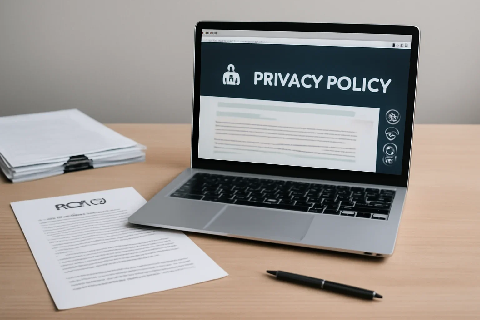 Professional workspace with policy documents, laptop, and accessible website interface for privacy policy