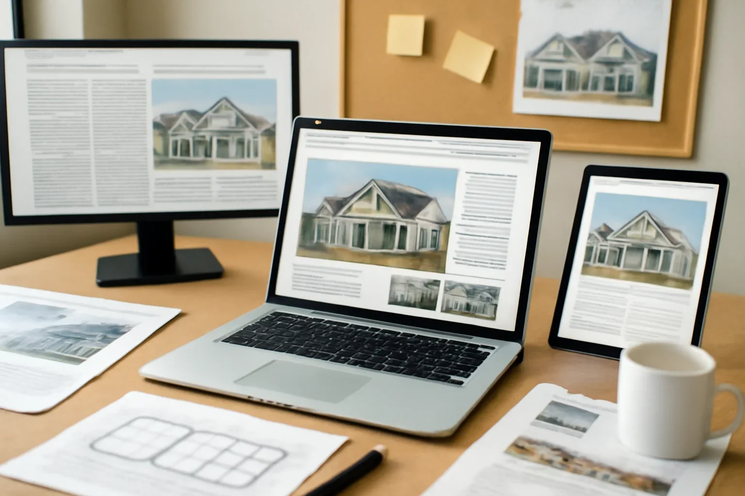 Editorial workspace focused on housing and property coverage with screens, notes, and a clean digital layout