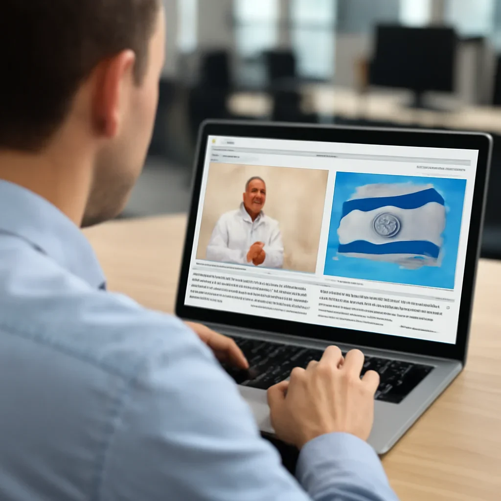 Reader continuing from religion into related Israel coverage on a laptop