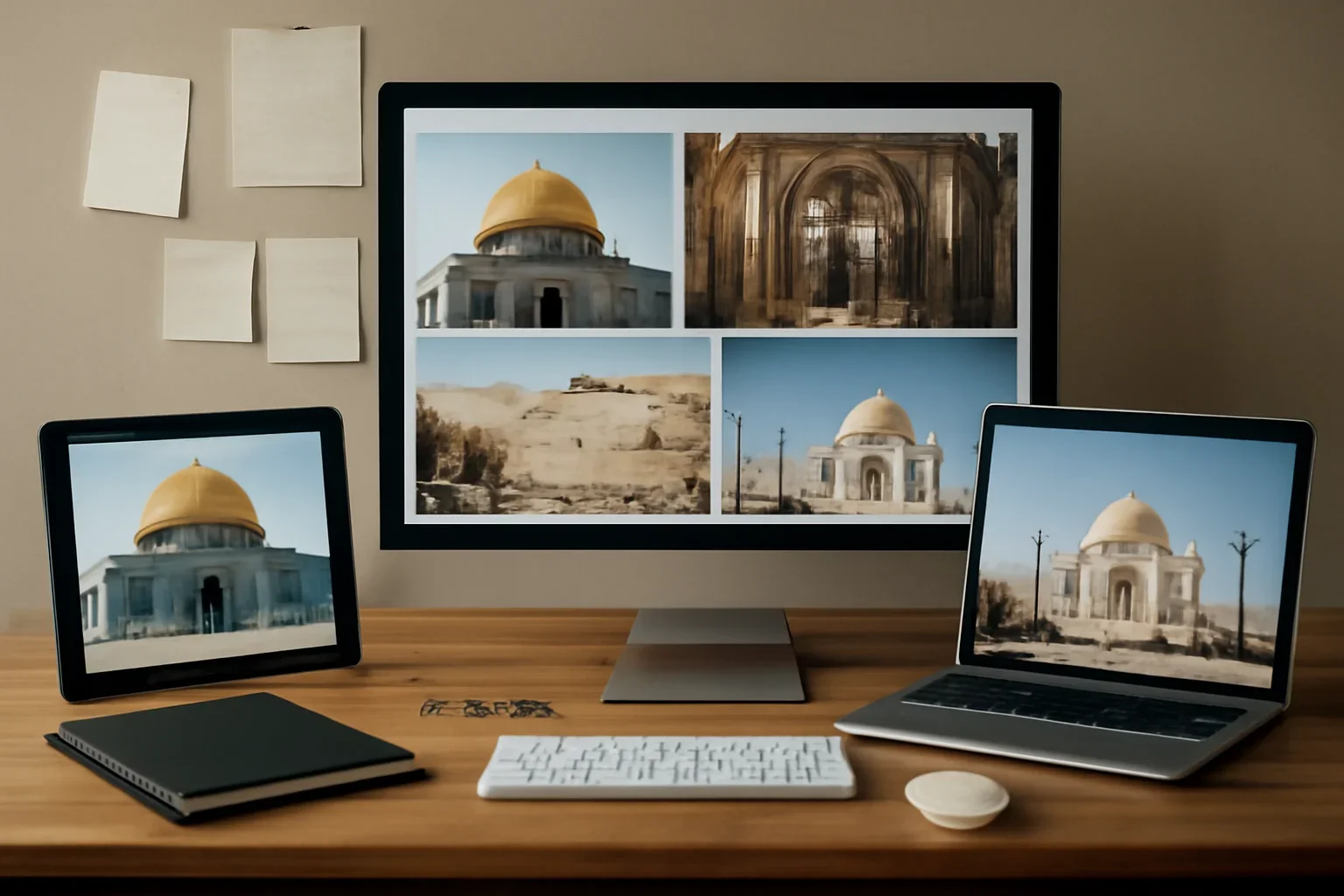 Editorial workspace focused on religion and holy sites hub with screens, notes, and a clean digital layout
