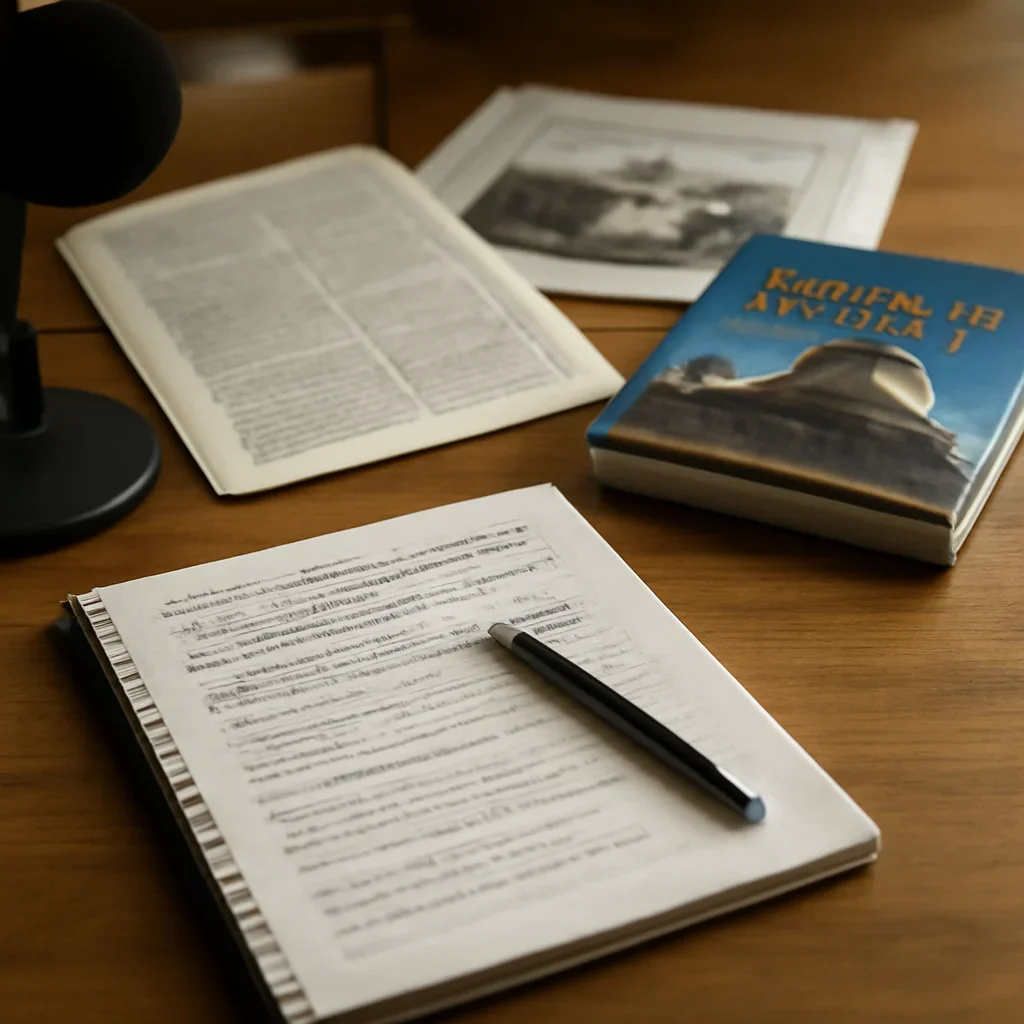 Reporter desk with notebooks, marked-up copy, and reference material for religion and holy sites hub