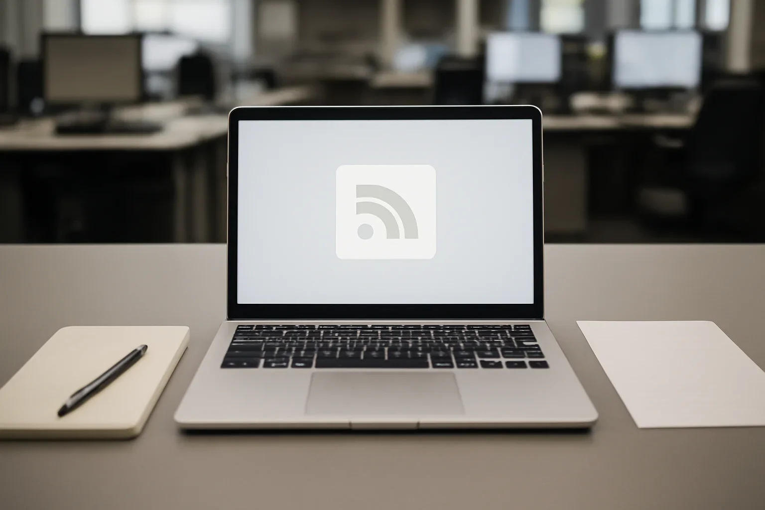 Newsroom operations desk prepared for rss feed directory with laptop, notes, and a clean reading interface