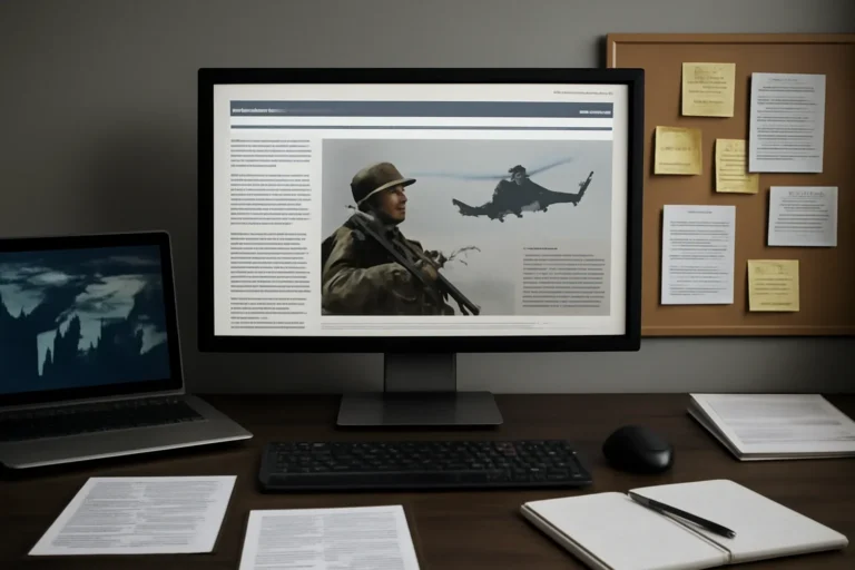 Editorial workspace focused on security and defense coverage with screens, notes, and a clean digital layout