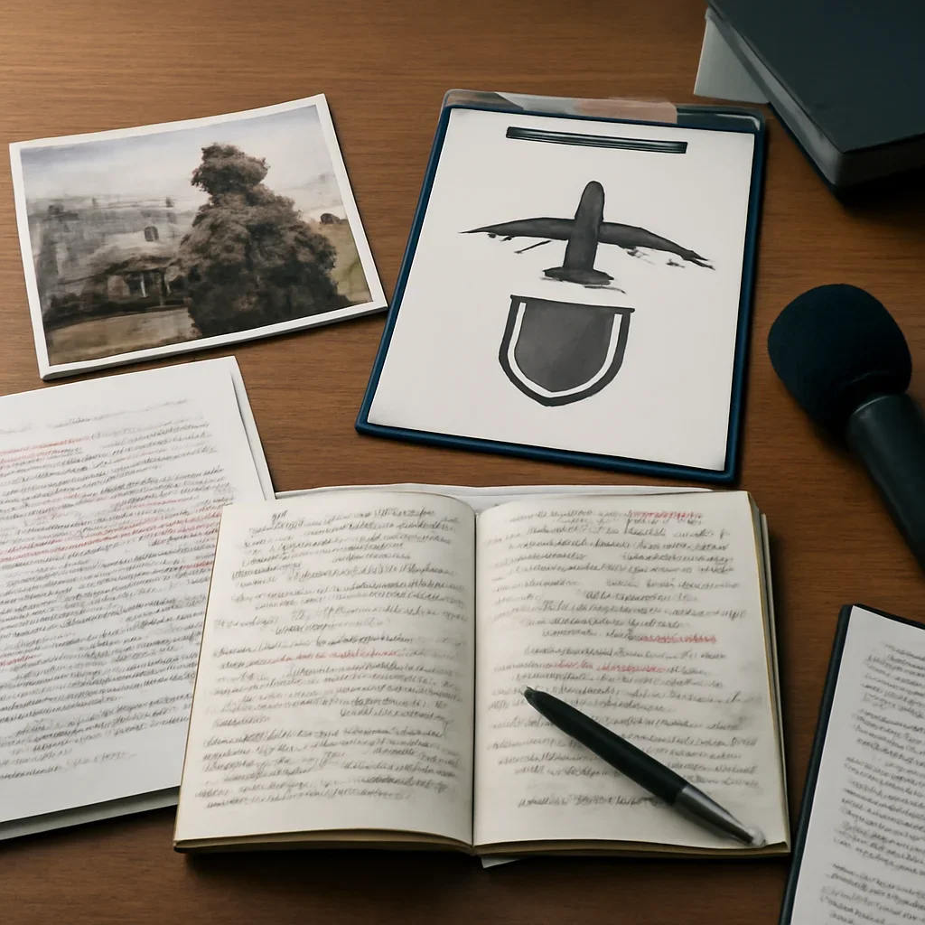 Reporter desk with notebooks, marked-up copy, and reference material for security and defense coverage