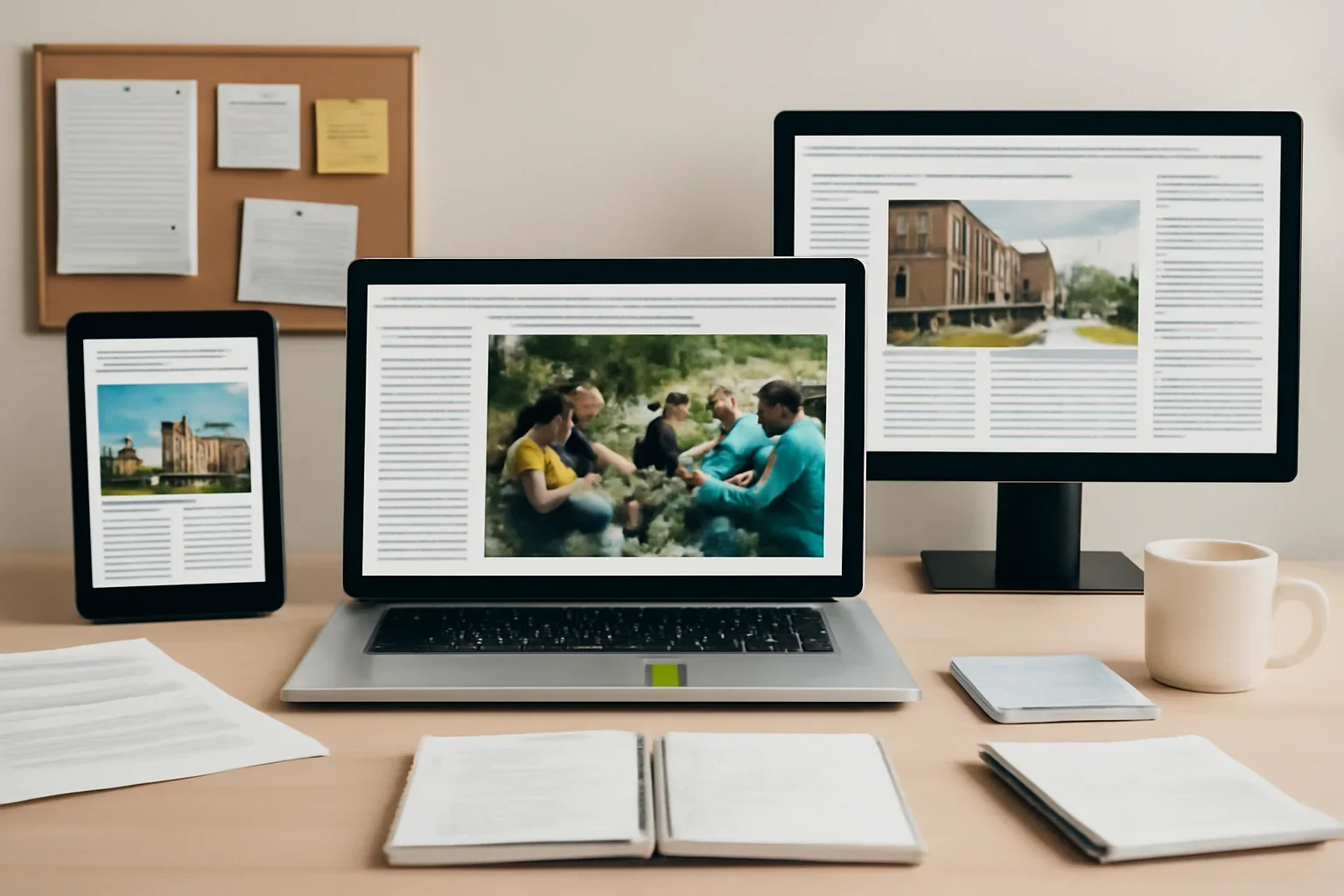 Editorial workspace focused on student and campus audience solutions with screens, notes, and a clean digital layout
