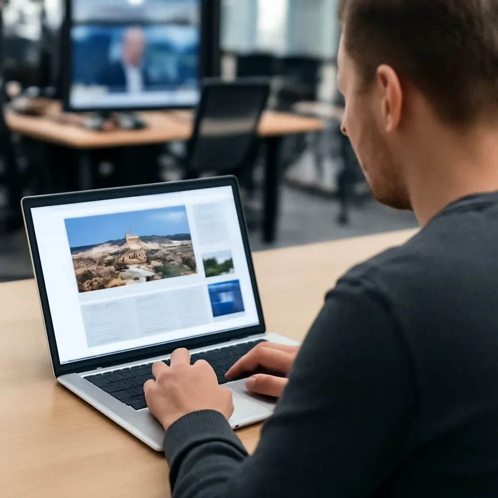 Reader continuing from for embassies & ngos into related Israel coverage on a laptop